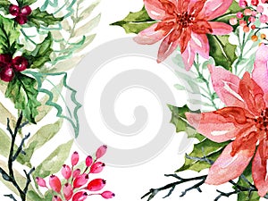 Watercolor hand drawn Poinsettia and mistletoe Botanical tree leaf garland chrstmas festival mix of seasonal plants and herbs for