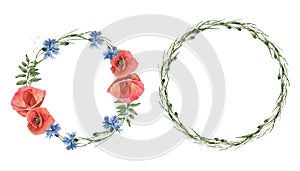 Watercolor hand drawn poppies, cornflowers and herbs wreaths