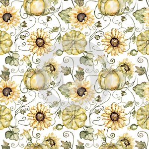 Watercolor hand drawn pumpkin and sunflower seamless pattern. Autumn florals repeat paper. Beautiful textile print