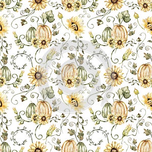 Watercolor hand drawn pumpkin and sunflowers in seamless pattern. Autumn florals repeat paper. Beautiful textile print