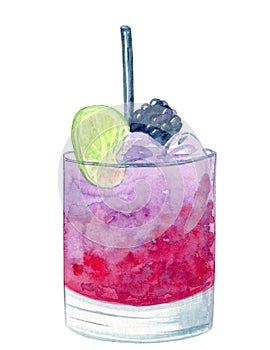 Watercolor hand drawn purple fresh fruit cocktail with lime isolated on white background