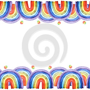 Watercolor hand drawn rainbow illustration seamless border frame. Template. isolated background