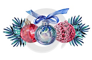 Watercolor hand-drawn red blue silver shiny decoration ball and christmas tree branch isolated on white background