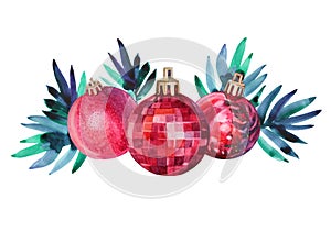 Watercolor hand-drawn red shiny decoration ball and christmas tree branch isolated on white background. Creative toy