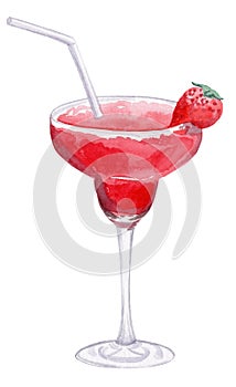 Watercolor hand drawn red strawberry daiquiri cocktail in glass isolated on white background