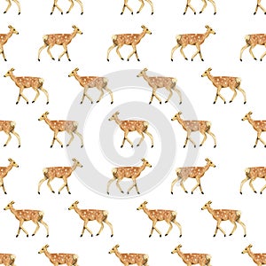 Watercolor hand drawn regular seamless pattern with spotted deer isolated on white background.