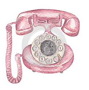 Watercolor hand drawn Retro phone clipart, Pink Rotating Disk Antique telephone illustration. Scrapbook element, card making