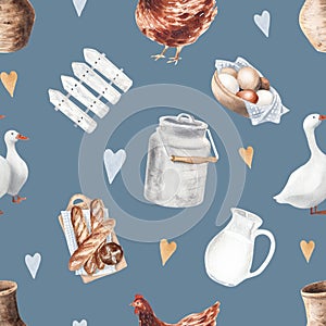 Watercolor hand drawn rural seamless pattern with hen, goose and eggs. Farm illustaration