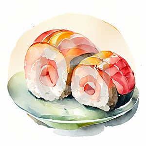 watercolor hand drawn Salmon sushi