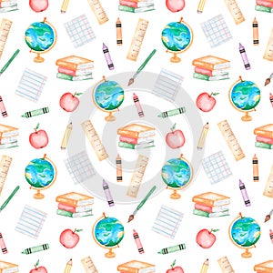 Watercolor  hand drawn school supplies seamless pattern, Globus, pencil, pen, apple, Book, Kids School Supply,  Stationery repeat