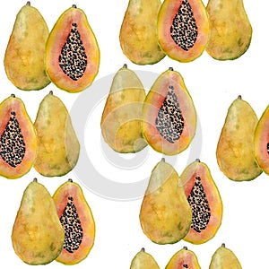 watercolor hand drawn seamles pattern with tropical exotic papaya fruit of orange yellow and green color with black