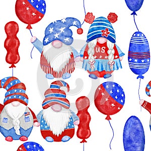 Watercolor hand drawn seamless border with 4th of july gnomes background, fourth of july Independence day patriotic