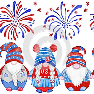 Watercolor hand drawn seamless border with 4th of july gnomes background, fourth of july Independence day patriotic