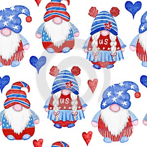 Watercolor hand drawn seamless border with 4th of july gnomes background, fourth of july Independence day patriotic