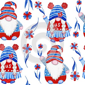 Watercolor hand drawn seamless border with 4th of july gnomes background, fourth of july Independence day patriotic