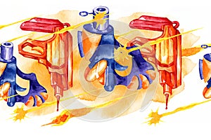 watercolor hand drawn seamless border with toy guns, fantastic weapons, space pistols, blasters and ray isolated on