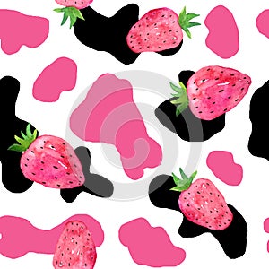 Watercolor hand drawn seamless cow print fabric pattern, black white pastel strawberry pink colors. Cowboy cow girl