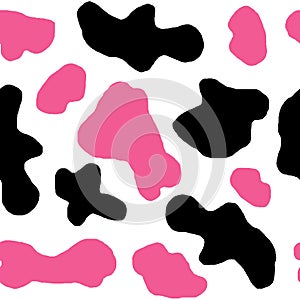 Watercolor hand drawn seamless cow print fabric pattern, black white pastel strawberry pink colors. Cowboy cow girl