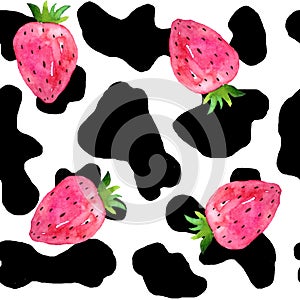 Watercolor hand drawn seamless cow print fabric pattern, black white pastel strawberry pink colors. Cowboy cow girl