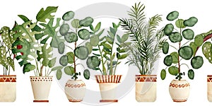 Watercolor hand drawn seamless horizontal border with houseplants in brown clay terra cotta pots. Potted begonia, pilea