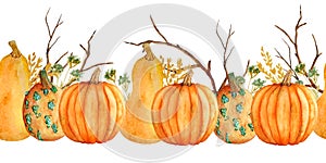 Watercolor hand drawn seamless horizontal border with orange pumpkins fall autumn branches, wheat, organic farmers food