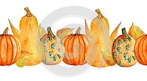 Watercolor hand drawn seamless horizontal border with orange pumpkins fall autumn leaves, organic farmers food