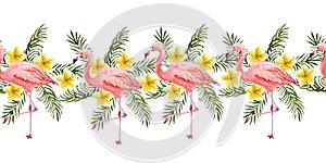 Watercolor hand drawn seamless horizontal border with pink flamingo bird and tropical green palm leaves plumeria