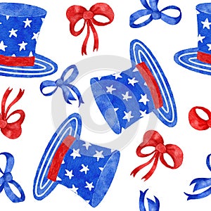 Watercolor hand drawn seamless patriotic american pattern with 4th of july balloons hearts hat flowers. Fourth of july