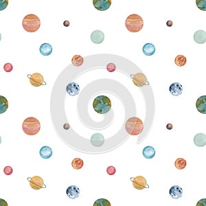 Watercolor hand drawn seamless pattern with abstract planets of solar system isolated on white background.