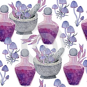 Watercolor hand drawn seamless pattern with apothecary potion brew purple witch forest herbs, leaves. Spooky horror photo