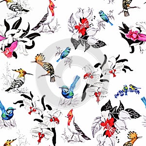 Watercolor hand drawn seamless pattern with beautiful flowers and colorful birds on white background.