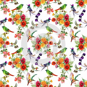 Watercolor hand drawn seamless pattern with beautiful flowers and colorful birds on white background.