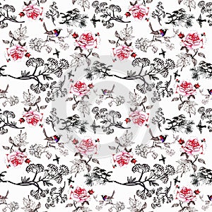 Watercolor hand drawn seamless pattern with beautiful flowers and colorful birds on white background.