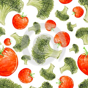 Watercolor hand drawn seamless pattern with broccoli and tomatoes.