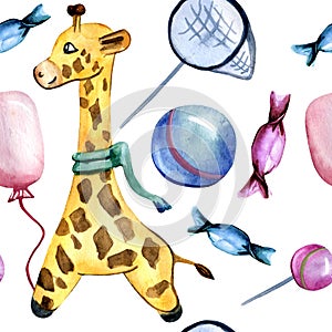 Watercolor hand drawn seamless pattern on a childrenâ€™s theme with giraffe, ball, balloon, butterfly net and candies on a mint