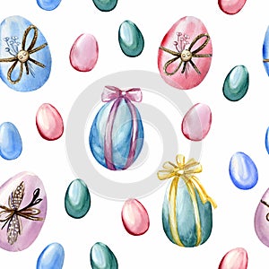 Watercolor hand drawn seamless pattern with colorful shiny Easter eggs on lwhite background