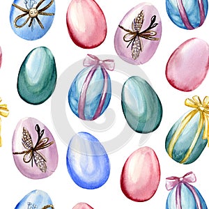 Watercolor hand drawn seamless pattern with colorful shiny Easter eggs on white background