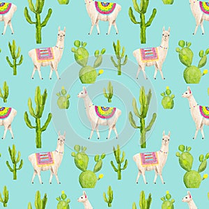 Watercolor hand drawn seamless pattern with cute white llama or alpaca and cacti isolated on blue.