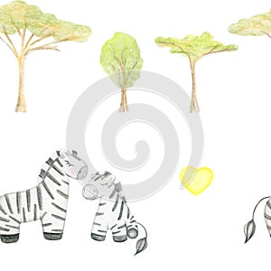 Watercolor Hand Drawn Seamless Pattern With Cute Zebra Safari