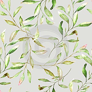 Watercolor hand drawn seamless pattern with different type of green leaves and branches.