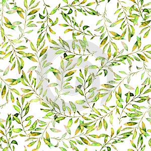 Watercolor hand drawn seamless pattern with different type of green leaves and branches.