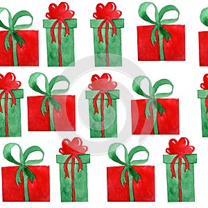 Watercolor hand drawn seamless pattern with gift boxes presents bows ribbons. Green red christmas elements on white