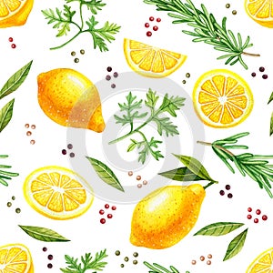 Watercolor hand drawn seamless pattern with lemons and herbs