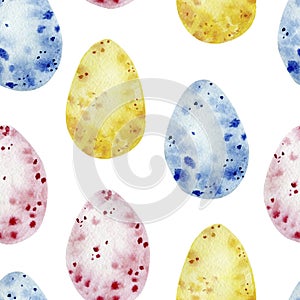 Watercolor hand drawn seamless pattern with multi-color Easter Eggs on a white background. Endless texture for wrapping paper, tex