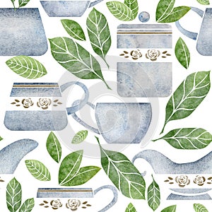 Watercolor hand drawn seamless pattern with porcelain and gold coffee cups, leaves, creamer, jar, daisy. Isolated on