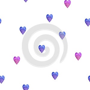 Watercolor hand drawn seamless pattern with random two colored pink and violet hearts on white. Design