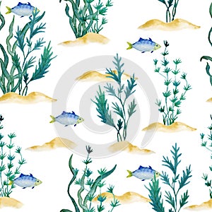 Watercolor hand drawn seamless pattern with small fish ocean green water seaweed algae. Marine environment cosmetics