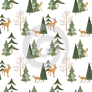 Watercolor hand drawn seamless pattern with spotted deers family in  coniferous forest isolated on white background.