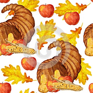 Watercolor hand drawn seamless pattern with Thanksgiving cornucopia basket horn, fruits apples pears corn oak leaves