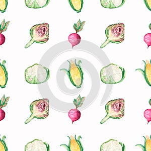 Watercolor hand drawn seamless pattern with vegetables. Fresh Food repeat paper. Cauliflower, Maze and beetroot, artichoke textile